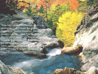 "Penso que a água é apenas mais um alvo do péssimo uso e distribuição dos grandes empresários, grandes industriais, grandes, grandes, e grandes... Sem falar na injusta distribuição da moeda, sem falar no abuso da liberação de gases que tem destruído a nossa camada de ozônio. O uso da “nossa água' apenas reflete nas mãos de quem realmente está no poder" (Patrícia C. Souza - Ministério CEU - Casais Eternamente Unidos.   