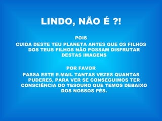 LINDO, NÃO É ?! POIS CUIDA DESTE TEU PLANETA ANTES QUE OS FILHOS DOS TEUS FILHOS NÃO POSSAM DISFRUTAR DESTAS IMAGENS POR FAVOR PASSA ESTE E-MAIL TANTAS VEZES QUANTAS PUDERES, PARA VER SE CONSEGUIMOS TER CONSCIÊNCIA DO TESOURO QUE TEMOS DEBAIXO DOS NOSSOS PÉS. 