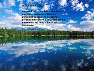 O Caminho da Água
A água dos mananciais e dos poços,
por conter microorganismos e
partículas sólidas em suspensão,
percorre um caminho nas estações de
tratamento até chegar limpa ao
hidrômetro.
 