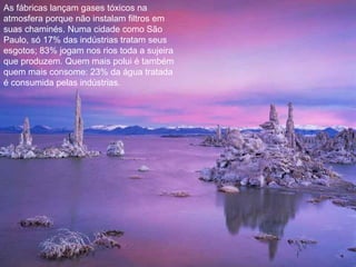 As fábricas lançam gases tóxicos na
atmosfera porque não instalam filtros em
suas chaminés. Numa cidade como São
Paulo, só 17% das indústrias tratam seus
esgotos; 83% jogam nos rios toda a sujeira
que produzem. Quem mais polui é também
quem mais consome: 23% da água tratada
é consumida pelas indústrias.
 