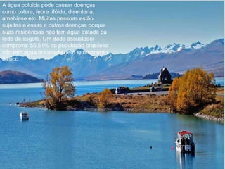 A água poluída pode causar doenças
como cólera, febre tifóide, disenteria,
amebíase etc. Muitas pessoas estão
sujeitas a essas e outras doenças porque
suas residências não tem água tratada ou
rede de esgoto. Um dado assustador
comprova: 55,51% da população brasileira
não tem água encanada nem saneamento
básico.
 