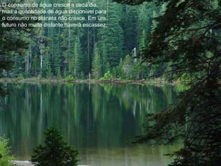 O consumo de água cresce a cada dia,
mas a quantidade de água disponível para
o consumo no planeta não cresce. Em um
futuro não muito distante haverá escassez.
 