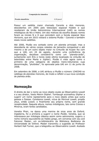 Composição da Atmosfera
Pressão atmosférica 0,30 pascal
Possui um satélite maior chamado Caronte e dois menores,
descobertos em 2005 pelo telescópio espacial Hubble e que
receberam da União Astronómica Internacional (UAI) os nomes
mitológicos de Nix e Hidra. Um dos motivos da escolha desses nomes
foram as iniciais N e H que coincidem com a Sonda espacial New
Horizons, que em 2015 visitará o sistema Plutão - Caronte e também
esses novos satélites.
Até 2006, Plutão era contado como um planeta principal; mas a
descoberta de vários corpos celestes de tamanho comparável e até
mesmo a de um outro objeto maior no Cinturão de Kuiper fez com
que a UAI, em 24 de agosto, durante uma conferência da
organização, decidisse considerá-lo como um "planeta-anão",
juntamente com Éris e Ceres (este último localizado no cinturão de
asteróides entre Marte e Júpiter). Plutão é visto agora como o
primeiro de uma categoria de objetos trans-netunianos cuja
denominação, "plutóides", foi aprovada pela UAI em 11 de junho de
2008.
Em setembro de 2006, a UAI atribuiu a Plutão o número 1340340 no
catálogo de planetas menores, de modo a refletir a sua nova condição
de planeta anão.
Nomeação
O direito de dar o nome ao novo objeto coube ao Observatório Lowell
e a seu diretor, Vesto Melvin Slipher. Tombaugh aconselhou Slipher a
sugerir um nome rapidamente para o novo objeto antes que outra
pessoa o fizesse. Constance Lowell, viúva de Percival Lowell, propôs
Zeus, então Lowell, e finalmente seu próprio nome, sem grande
receptividade. Naquela altura, nomes mitológicos, tais como Cronos e
Minerva, eram fortes candidatos.
Venetia Phair, na época uma menina de onze anos de Oxford,
Inglaterra, foi a primeira a sugerir o nome Plutão. Venetia, que se
interessava por mitologia clássica assim como astronomia, sugeriu o
nome romano equivalente ao Hades grego, em conversa com seu avô
Falconer Madan, um ex-bibliotecário da Biblioteca Bodleiana da
Universidade de Oxford. Madan transmitiu a sugestão ao Professor
Herbert Hall Turner, que a telegrafou ao Observatório Lowell. Acatado
 