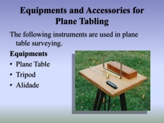 Equipments and Accessories for
Plane Tabling
The following instruments are used in plane
table surveying.
Equipments
• Plane Table
• Tripod
• Alidade
 