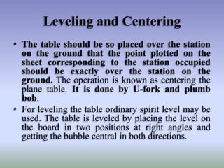 Leveling and Centering
• The table should be so placed over the station
on the ground that the point plotted on the
sheet corresponding to the station occupied
should be exactly over the station on the
ground. The operation is known as centering the
plane table. It is done by U-fork and plumb
bob.
• For leveling the table ordinary spirit level may be
used. The table is leveled by placing the level on
the board in two positions at right angles and
getting the bubble central in both directions.

 