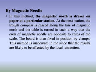 By Magnetic Needle
• In this method, the magnetic north is drawn on
paper at a particular station. At the next station, the
trough compass is placed along the line of magnetic
north and the table is turned in such a way that the
ends of magnetic needle are opposite to zeros of the
scale. The board is then fixed in position by clamps.
This method is inaccurate in the since that the results
are likely to be affected by the local attraction.

 