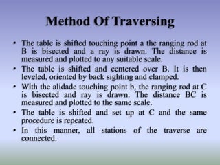 Method Of Traversing
• The table is shifted touching point a the ranging rod at
B is bisected and a ray is drawn. The distance is
measured and plotted to any suitable scale.
• The table is shifted and centered over B. It is then
leveled, oriented by back sighting and clamped.
• With the alidade touching point b, the ranging rod at C
is bisected and ray is drawn. The distance BC is
measured and plotted to the same scale.
• The table is shifted and set up at C and the same
procedure is repeated.
• In this manner, all stations of the traverse are
connected.

 
