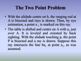 The Two Point Problem
• With the alidade centre on b, the ranging rod at
A is bisected and rays is drawn. Then, by eye
estimation, a point a 1 is marked on this ray.
• The table is shifted and centre on A with a1 just
over A. It is leveled and oriented by back
sighting. With the alidade touching p, the point
P is bisected and a ray is drawn. Suppose this
ray intersects the line ba1 at point a1, as was
assumed.

 