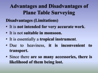 Advantages and Disadvantages of
Plane Table Surveying
Disadvantages (Limitations)
• It is not intended for very accurate work.
• It is not suitable in monsoon.
• It is essentially a tropical instrument.
• Due to heaviness, it is inconvenient to
transport.
• Since there are so many accessories, there is
likelihood of them being lost.
 