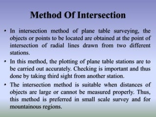 Method Of Intersection
• In intersection method of plane table surveying, the
objects or points to be located are obtained at the point of
intersection of radial lines drawn from two different
stations.
• In this method, the plotting of plane table stations are to
be carried out accurately. Checking is important and thus
done by taking third sight from another station.
• The intersection method is suitable when distances of
objects are large or cannot be measured properly. Thus,
this method is preferred in small scale survey and for
mountainous regions.
 