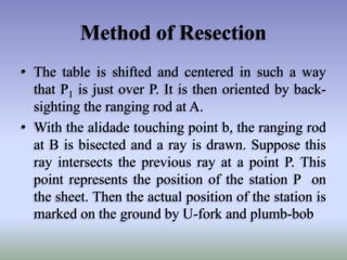 Method of Resection
• The table is shifted and centered in such a way
that P1 is just over P. It is then oriented by back-
sighting the ranging rod at A.
• With the alidade touching point b, the ranging rod
at B is bisected and a ray is drawn. Suppose this
ray intersects the previous ray at a point P. This
point represents the position of the station P on
the sheet. Then the actual position of the station is
marked on the ground by U-fork and plumb-bob
 
