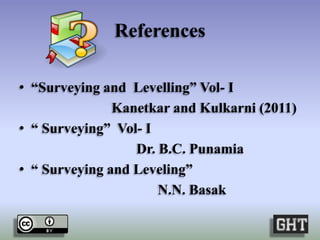 References
• “Surveying and Levelling” Vol- I
Kanetkar and Kulkarni (2011)
• “ Surveying” Vol- I
Dr. B.C. Punamia
• “ Surveying and Leveling”
N.N. Basak
 