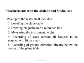 Measurements with the Alidade and Stadia Rod
Setup of the instrument includes:
1. Leveling the plane table
2. Drawing magnetic north reference line.
3. Measuring the instrument height.
4. Recording of scale (ensure all features to be
mapped will fit on map).
5. Recording of ground elevation directly below the
center of the plane table.
10Prof. Ashish Makwana
 