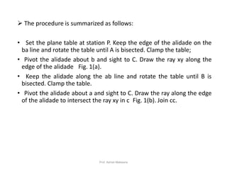  The procedure is summarized as follows:
• Set the plane table at station P. Keep the edge of the alidade on the
ba line and rotate the table until A is bisected. Clamp the table;
• Pivot the alidade about b and sight to C. Draw the ray xy along the
edge of the alidade Fig. 1(a).
• Keep the alidade along the ab line and rotate the table until B is
bisected. Clamp the table.
• Pivot the alidade about a and sight to C. Draw the ray along the edge
of the alidade to intersect the ray xy in c Fig. 1(b). Join cc.
26Prof. Ashish Makwana
 