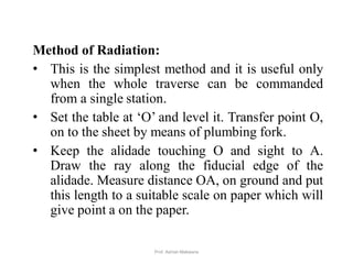 Method of Radiation:
• This is the simplest method and it is useful only
when the whole traverse can be commanded
from a single station.
• Set the table at ‘O’ and level it. Transfer point O,
on to the sheet by means of plumbing fork.
• Keep the alidade touching O and sight to A.
Draw the ray along the fiducial edge of the
alidade. Measure distance OA, on ground and put
this length to a suitable scale on paper which will
give point a on the paper.
33Prof. Ashish Makwana
 