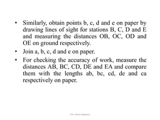 • Similarly, obtain points b, c, d and e on paper by
drawing lines of sight for stations B, C, D and E
and measuring the distances OB, OC, OD and
OE on ground respectively.
• Join a, b, c, d and e on paper.
• For checking the accuracy of work, measure the
distances AB, BC, CD, DE and EA and compare
them with the lengths ab, bc, cd, de and ca
respectively on paper.
34Prof. Ashish Makwana
 