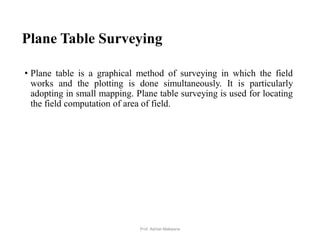 Plane Table Surveying
• Plane table is a graphical method of surveying in which the field
works and the plotting is done simultaneously. It is particularly
adopting in small mapping. Plane table surveying is used for locating
the field computation of area of field.
4Prof. Ashish Makwana
 