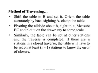 Method of Traversing…
• Shift the table to B and set it. Orient the table
accurately by back sighting A. clamp the table.
• Pivoting the alidade about b, sight to c. Measure
BC and plot it on the drawn ray to some scale.
• Similarly, the table can be set at other stations
and the traverse is completed. If there are n
stations in a closed traverse, the table will have to
be set on at least (n - 1) stations to know the error
of closure.
41Prof. Ashish Makwana
 