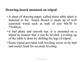 Drawing board mounted on tripod
•A sheet of drawing paper, called plane table sheet is
fastened to the board. Board is made up of well
seasoned wood such as teak of size 40x30 to
75x60cm.
•it had plane and smooth top. It is mounted on a
tripod in manner that it can be leveled. Leveling up
of the table is done by shifting the legs of tripod.
•Some tripod provided with leveling screw or by ball
and socket head for accurate leveling.
7Prof. Ashish Makwana
 