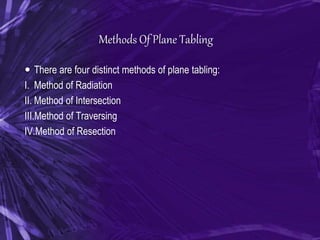 Methods Of Plane Tabling
 There are four distinct methods of plane tabling:
I. Method of Radiation
II. Method of Intersection
III.Method of Traversing
IV.Method of Resection
 