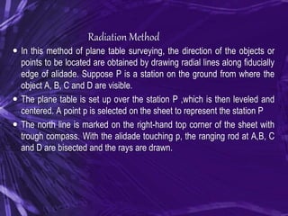 Radiation Method
 In this method of plane table surveying, the direction of the objects or
points to be located are obtained by drawing radial lines along fiducially
edge of alidade. Suppose P is a station on the ground from where the
object A, B, C and D are visible.
 The plane table is set up over the station P ,which is then leveled and
centered. A point p is selected on the sheet to represent the station P
 The north line is marked on the right-hand top corner of the sheet with
trough compass. With the alidade touching p, the ranging rod at A,B, C
and D are bisected and the rays are drawn.
 