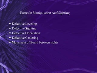 Errors In Manipulation And Sighting
 Defective Leveling
 Defective Sighting
 Defective Orientation
 Defective Centering
 Movement of Board between sights
 