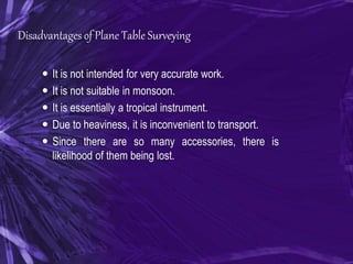 Disadvantages of Plane Table Surveying
 It is not intended for very accurate work.
 It is not suitable in monsoon.
 It is essentially a tropical instrument.
 Due to heaviness, it is inconvenient to transport.
 Since there are so many accessories, there is
likelihood of them being lost.
 