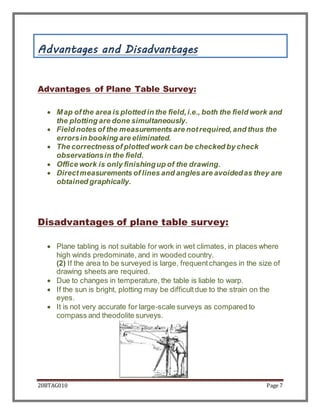 20BTAG010 Page 7
Advantages and Disadvantages
Advantages of Plane Table Survey:
 Map ofthe area is plotted in the field,i.e., both the field work and
the plotting are done simultaneously.
 Field notes of the measurements are notrequired,and thus the
errorsin booking are eliminated.
 The correctnessof plotted work can be checked by check
observationsin the field.
 Office work is only finishingup of the drawing.
 Directmeasurements of lines and anglesare avoidedas they are
obtained graphically.
Disadvantages of plane table survey:
 Plane tabling is not suitable for work in wet climates, in places where
high winds predominate, and in wooded country.
(2) If the area to be surveyed is large, frequentchanges in the size of
drawing sheets are required.
 Due to changes in temperature, the table is liable to warp.
 If the sun is bright, plotting may be difficultdue to the strain on the
eyes.
 It is not very accurate for large-scale surveys as compared to
compass and theodolite surveys.
 