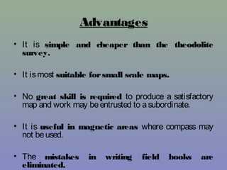 Advantages
• It is simple and cheaper than the theodolite
survey.
• It ismost suitable forsmall scale maps.
• No great skill is required to produce a satisfactory
map and work may beentrusted to asubordinate.
• It is useful in magnetic areas where compass may
not beused.
• The mistakes in writing field books are
eliminated.
 