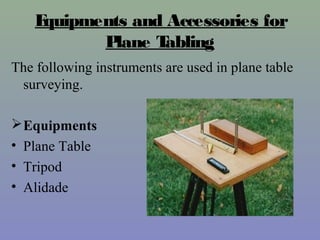 Equipments and Accessories for
Plane Tabling
The following instruments are used in plane table
surveying.
Equipments
• Plane Table
• Tripod
• Alidade
 