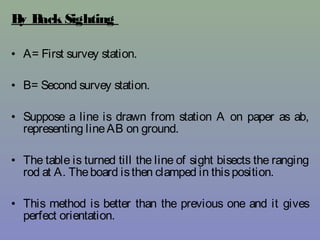 By Back Sighting
• A= First survey station.
• B= Second survey station.
• Suppose a line is drawn from station A on paper as ab,
representing lineAB on ground.
• The table is turned till the line of sight bisects the ranging
rod at A. Theboard isthen clamped in thisposition.
• This method is better than the previous one and it gives
perfect orientation.
 