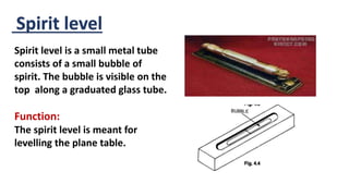Spirit level
Spirit level is a small metal tube
consists of a small bubble of
spirit. The bubble is visible on the
top along a graduated glass tube.
Function:
The spirit level is meant for
levelling the plane table.
 