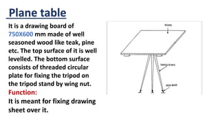 Plane table
It is a drawing board of
750X600 mm made of well
seasoned wood like teak, pine
etc. The top surface of it is well
levelled. The bottom surface
consists of threaded circular
plate for fixing the tripod on
the tripod stand by wing nut.
Function:
It is meant for fixing drawing
sheet over it.
 