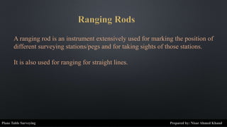 A ranging rod is an instrument extensively used for marking the position of
different surveying stations/pegs and for taking sights of those stations.
It is also used for ranging for straight lines.
Plane Table Surveying Prepared by: Nisar Ahmed Khand
 