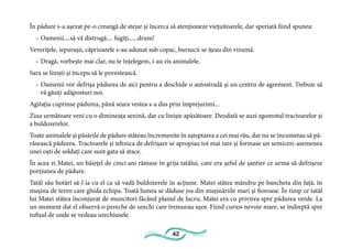 42
În pădure s-a așezat pe-o creangă de stejar și încerca să atenționeze viețuitoarele, dar speriată fiind spunea:
– Oamenii....să vă distrugă.... fugiți......drum!
Veverițele, iepurașii, căprioarele s-au adunat sub copac, bursucii se ițeau din vizuină.
– Dragă, vorbește mai clar, nu te înțelegem, i-au zis animalele.
Sara se liniști și începu să le povestească.
– Oamenii vor defrișa pădurea de aici pentru a deschide o autostradă și un centru de agrement. Trebuie să
vă găsiți adăposturi noi.
Agitația cuprinse pădurea, până seara vestea s-a dus prin împrejurimi...
Ziua următoare veni cu o dimineața senină, dar cu liniște apăsătoare. Deodată se auzi zgomotul tractoarelor și
a buldozerelor.
Toate animalele și păsările de pădure stăteau încremenite în așteptarea a cei mai rău, dar nu se încumetau să pă-
răsească pădurea. Tractoarele și tehnica de defrișare se apropiau tot mai tare și formase un semicerc asemenea
unei oști de soldați care sunt gata să atace.
În acea zi Matei, un băiețel de cinci ani rămase în grija tatălui, care era șeful de șantier ce urma să defrișeze
porțiunea de pădure.
Tatăl său hotărî să-l ia cu el ca să vadă buldozerele în acțiune. Matei stătea mândru pe bancheta din față, în
mașina de teren care ghida echipa. Toată lumea se dăduse jos din mașinăriile mari și fioroase. În timp ce tatăl
lui Matei stătea înconjurat de muncitori făcând planul de lucru, Matei era cu privirea spre pădurea verde. La
un moment dat el observă o pereche de urechi care tremurau ușor. Fiind curios nevoie mare, se îndreptă spre
tufișul de unde se vedeau urechiusele.
 
