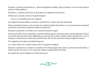 6
Deodată s-a pomenit înconjurată de - o pereche de ghetuțe, sandale, ciupici și imediat s-a ascuns sub carapacea
pictată cu liniuțe galbene.
Sărmănica, s-a speriat atât de tare, încât îți părea că a dispărut de sub armură.
O fetiță mai curajoasă a ridicat-o în grabă strigând:
– De azi va fi animăluțul meu de companie!
Aici călătoria broscuței Miko s-a încheiat, nimerind într-o căsuță nouă, dar nepotrivită.
Sărmana familie de țestoase, cum au reușit să se tupilească după niște arbuști, nu s-au mai mișcat de acolo până
seara târziu, când peste tot domnea liniștea și întunericul.
Întristați că au pierdut-o pe Miko, și-au continuat drumul în suspin.
Primele zile, Miko a făcut cunoștință cu membrii familiei, grija lor, hrana din plante, merele, legumele o făceau
să se simtă bine, dar peste câteva săptămâni nu mai ieșea din cochilie, îi lipseau razele soarelui, apa în care se
zbenguia cu alte broscuțe, liniștea de pe malul lacului, dar cel mai mult suferea după mângâierile mamei.
Nici stăpânilor nu le plăcea animăluțul împietrit.
Li s-a făcut milă și într-o după-amiază au dus-o la grădina zoologică.
Speriată s-a tupilat într-un colțișor și a adormit. Pe la miezul nopții niște vaiete i-au întrerupt somnul dulce, a
tresărit mirată, căci auzea o voce cunoscută, semăna cu glasul bunicăi Serafima.
Ieși repede din culcuș și lângă ea era chiar bunicuța ei.
 