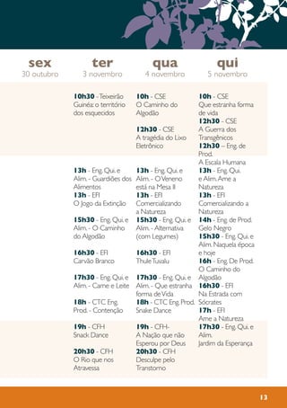13
10h30 -Teixeirão
Guinéa: o território
dos esquecidos
13h - Eng. Qui. e
Alim. - Guardiões dos
Alimentos
13h - EFI
O Jogo da Extinção
15h30 - Eng. Qui. e
Alim. - O Caminho
do Algodão
16h30 - EFI
Carvão Branco
17h30 - Eng. Qui. e
Alim. - Carne e Leite
18h - CTC Eng.
Prod. - Contenção
19h - CFH
Snack Dance
20h30 - CFH
O Rio que nos
Atravessa
10h - CSE
Que estranha forma
de vida
12h30 - CSE
A Guerra dos
Transgênicos
12h30 – Eng. de
Prod.
A Escala Humana
13h - Eng. Qui.
e Alim.Ame a
Natureza
13h - EFI
Comercializando a
Natureza
14h - Eng. de Prod.
Gelo Negro
15h30 - Eng. Qui. e
Alim. Naquela época
e hoje
16h - Eng. De Prod.
O Caminho do
Algodão
16h30 - EFI
Na Estrada com
Sócrates
17h - EFI
Ame a Natureza
17h30 - Eng. Qui. e
Alim.
Jardim da Esperança
10h - CSE
O Caminho do
Algodão
12h30 - CSE
A tragédia do Lixo
Eletrônico
13h - Eng. Qui. e
Alim. - OVeneno
está na Mesa II
13h - EFI
Comercializando
a Natureza
15h30 - Eng. Qui. e
Alim. - Alternativa
(com Legumes)
16h30 - EFI
ThuleTuvalu
17h30 - Eng. Qui. e
Alim. - Que estranha
forma deVida
18h - CTC Eng.Prod.
Snake Dance
19h - CFH-
A Nação que não
Esperou por Deus
20h30 - CFH
Desculpe pelo
Transtorno
qui
5 novembro
qua
4 novembro
ter
3 novembro
sex
30 outubro
 
