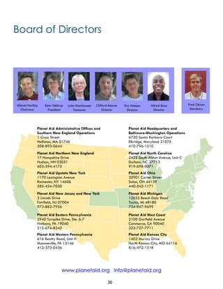 Board of Directors
Planet Aid Administrative Offices and
Southern New England Operations
1 Cross Street
Holliston, MA 01746
508-893-0644
Planet Aid Headquarters and
Baltimore-Washington Operations
6730 Santa Barbara Court
Elkridge, Maryland 21075
410-796-1510
Planet Aid Northern New England
17 Hampshire Drive
Hudson, NH 03051
603-594-4175
Planet Aid North Carolina
2425 South Alston Avenue, Unit C
Durham, NC 27713
919-698-0071
Planet Aid Upstate New York
1170 Lexington Avenue
Rochester, NY 14606
585-424-7030
Planet Aid Ohio
30901 Carter Street
Solon, OH 44139
440-542-1171
Planet Aid New Jersey and New York
3 Lincoln Drive
Fairfield, NJ 07004
973-882-7956
Planet Aid Michigan
12655 Beech Daly Road
Taylor, MI 48180
734-947-9699
Planet Aid Eastern Pennsylvania
2940 Turnpike Drive, Ste. 6-7
Hatboro, PA 19040
215-674-8345
Planet Aid West Coast
2100 Garfield Avenue
Commerce, CA 90040
323-727-7711
Planet Aid Western Pennsylvania
616 Beatty Road, Unit H
Monroeville, PA 15146
412-373-0436
Planet Aid Kansas City
1403 Murray Drive
North Kansas City, MO 64116
816-472-1518
Mikael Norling
Chairman
Ester Neltrup
President
Jytte Martinussen
Treasurer
Clifford Reeves
Director
Alfred Besa
Director
Eva Nielsen
Director
www.planetaid.org info@planetaid.org
Fred Olsson
Secretary
30
 