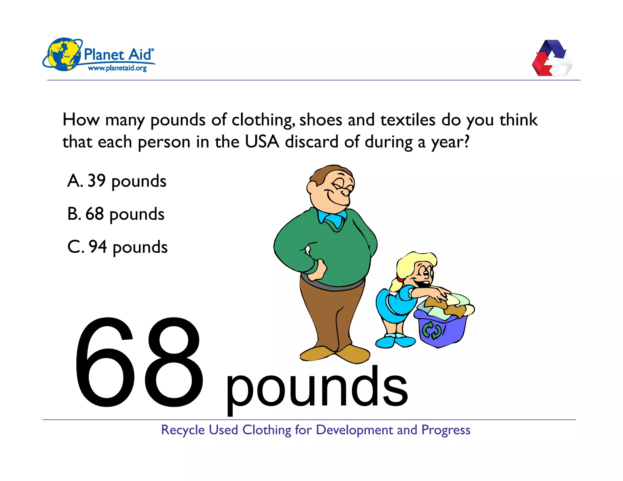 Recycle Used Clothing for Development and Progress
How many pounds of clothing, shoes and textiles do you think
that each person in the USA discard of during a year?
A. 39 pounds
B. 68 pounds
C. 94 pounds
68pounds
 