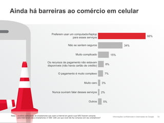 Informações confidenciais e reservadas do Google
Ainda há barreiras ao comércio em celular
33
66%
34%
15%
8%
7%
3%
2%
5%
Preferem usar um computador/laptop
para esses serviços
Não se sentem seguros
Muito complicado
Os recursos de pagamento não estavam
disponíveis (não havia cartão de crédito)
O pagamento é muito complexo
Muito caro
Nunca ouviram falar desses serviços
Outros
Base: usuários particulares de smartphones que usam a Internet em geral e que NÃO fizeram compras
pela Internet em seus smartphones n= 689 Q46: por que você não fez compras com seu smartphone?
 