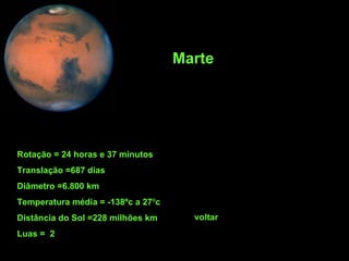 Rotação = 24 horas e 37 minutos Translação =687 dias Diâmetro =6.800 km Temperatura média = -138ºc a 27 º c Distância do Sol =228 milhões km Luas =  2 Marte voltar 