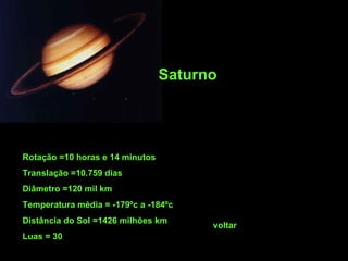 Saturno Rotação =10 horas e 14 minutos Translação =10.759 dias Diâmetro =120 mil km Temperatura média = -179ºc a -184ºc  Distância do Sol =1426 milhões km Luas = 30 voltar 