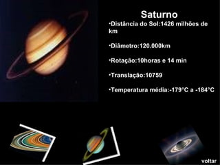 voltar Saturno Distância do Sol:1426 milhões de km Diâmetro:120.000km Rotação:10horas e 14 min Translação:10759 Temperatura média:-179°C a -184°C 