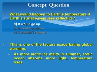 • What would happen to Earth’s temperature if
Earth’s surface were less reflective?
a) It would go up.
b) It would go down.
c) It wouldn’t change
• This is one of the factors exacerbating global
warming.
– As more arctic ice melts in summer, arctic
ocean absorbs more light, temperature
rises
 