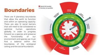 Boundaries
There are 9 planetary boundaries
that allow the earth to function
and within an operating capacity.
There are also 12 social barriers
that will need to be considered to
optimize human operations
globally. In order to progress
forward as a species and preserve
the functionality of our
environment and species we must
find a balance within the
boundaries of the ecological
ceiling and the social foundation.
 