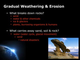 Gradual Weathering & Erosion What breaks down rocks? wind water & other chemicals ice & glaciers plants, burrowing organisms & humans   What carries away sand, soil & rock? water (water cycle, glacial movement) wind natural disasters   