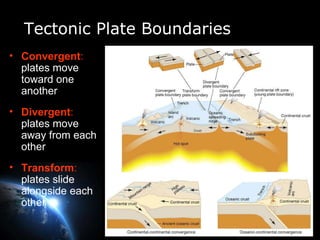 Tectonic Plate Boundaries Convergent :   plates move toward one another Divergent :   plates move away from each other Transform :   plates slide alongside each other 