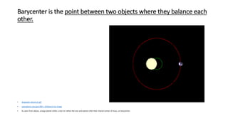 Barycenter is the point between two objects where they balance each
other.
• doppspec-above.en.gif
• spaceplace.nasa.gov300 × 243Search by image
• As seen from above, a large planet orbits a star–or rather the star and planet orbit their shared center of mass, or barycenter.
 