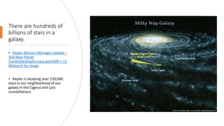 There are hundreds of
billions of stars in a
galaxy.
• Kepler Mission Manager Update –
503 New Planet
Candidateskepler.nasa.gov1600 × 12
06Search by image
• Kepler is studying over 150,000
stars in our neighborhood of our
galaxy in the Cygnus and Lyra
constellations.
 