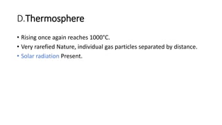 D.Thermosphere
• Rising once again reaches 1000°C.
• Very rarefied Nature, individual gas particles separated by distance.
• Solar radiation Present.
 